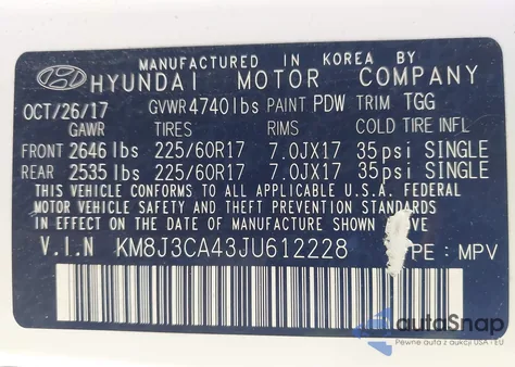 2018 Hyundai Tucson Sel z USA, uszkodzony, nr VIN KM8J3CA43JU612228